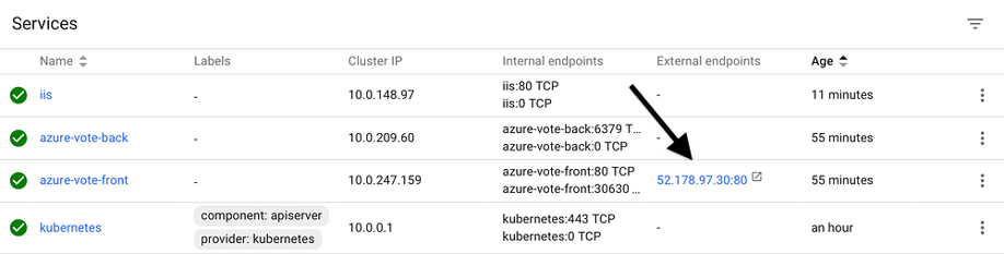  External Endpoints that you can use to test both iis and azure-vote deployments